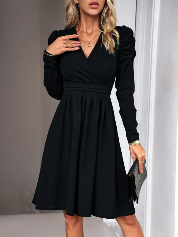 V-neck A-line Dress with Puff Sleeves and Wrap Bodice
