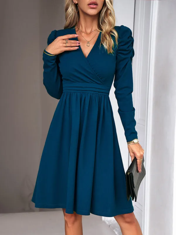 V-neck A-line Dress with Puff Sleeves and Wrap Bodice