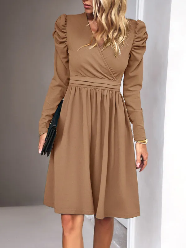 V-neck A-line Dress with Puff Sleeves and Wrap Bodice