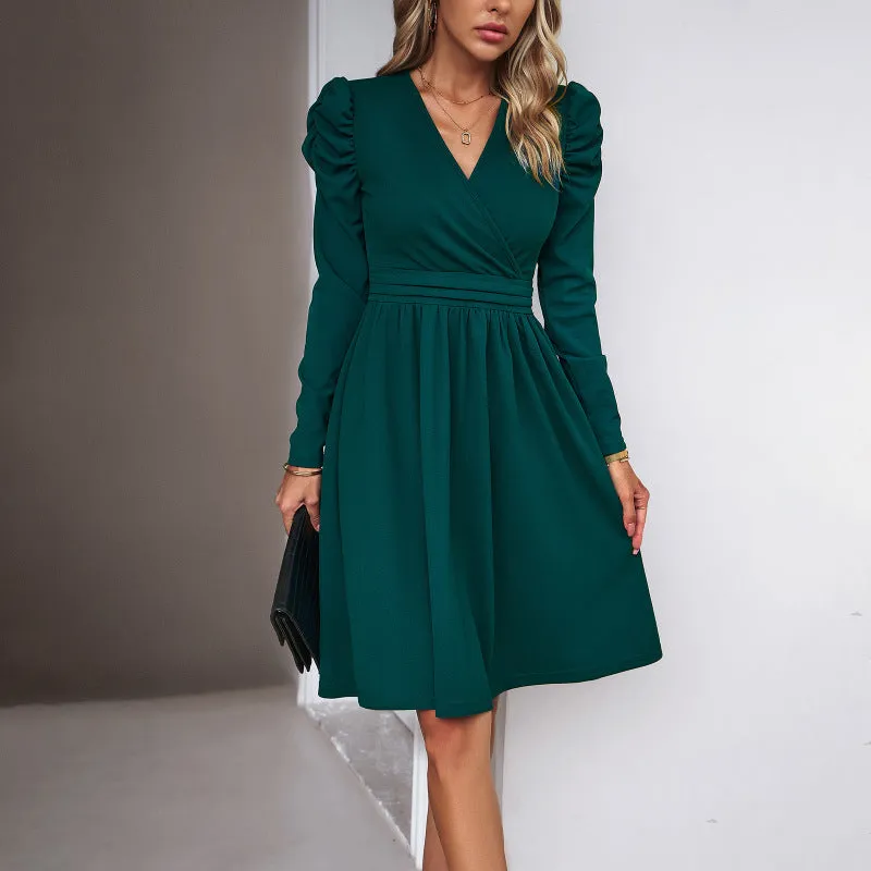 V-neck A-line Dress with Puff Sleeves and Wrap Bodice
