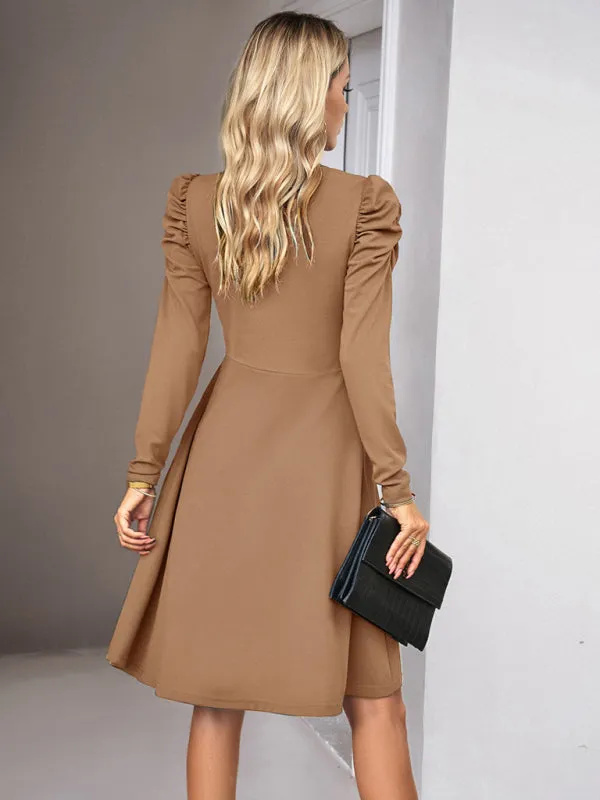 V-neck A-line Dress with Puff Sleeves and Wrap Bodice