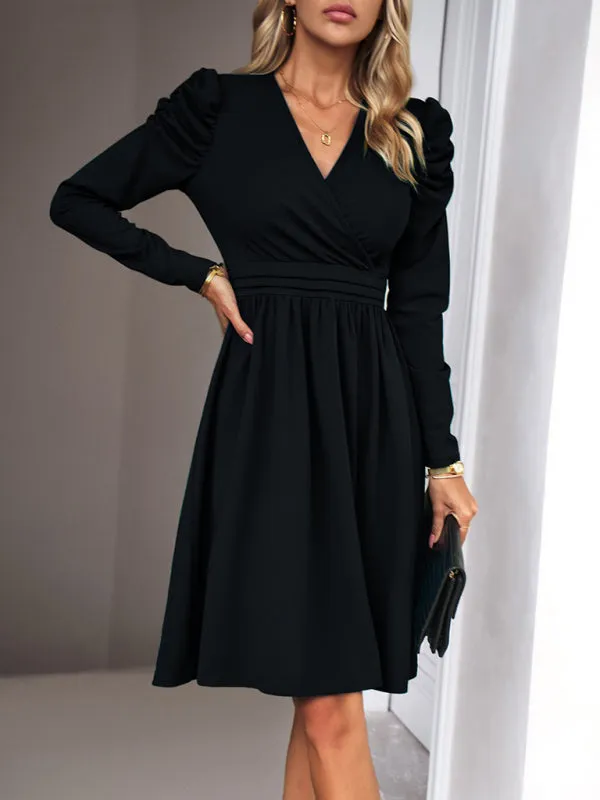 V-neck A-line Dress with Puff Sleeves and Wrap Bodice
