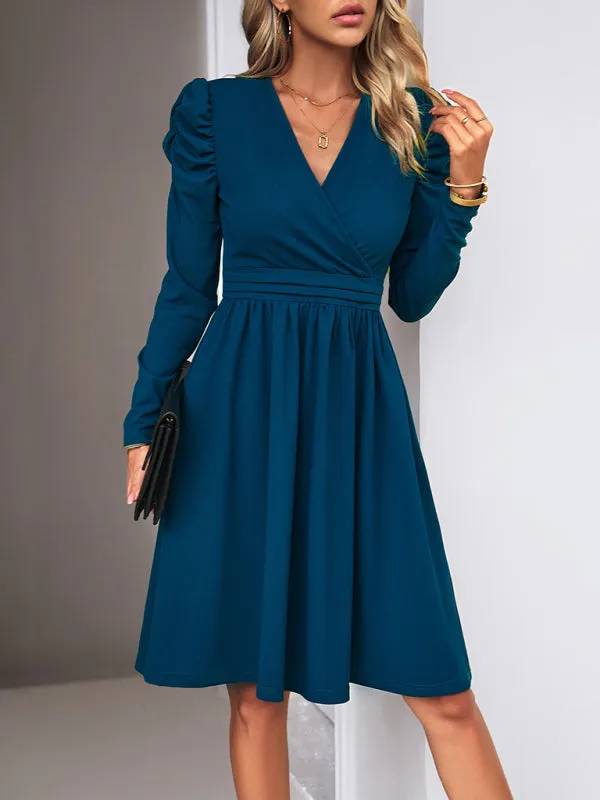 V-neck A-line Dress with Puff Sleeves and Wrap Bodice