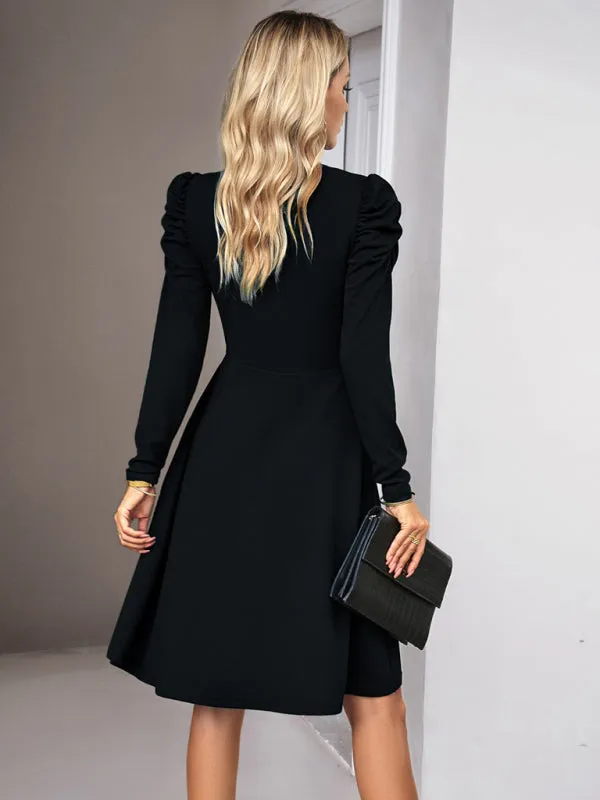 V-neck A-line Dress with Puff Sleeves and Wrap Bodice