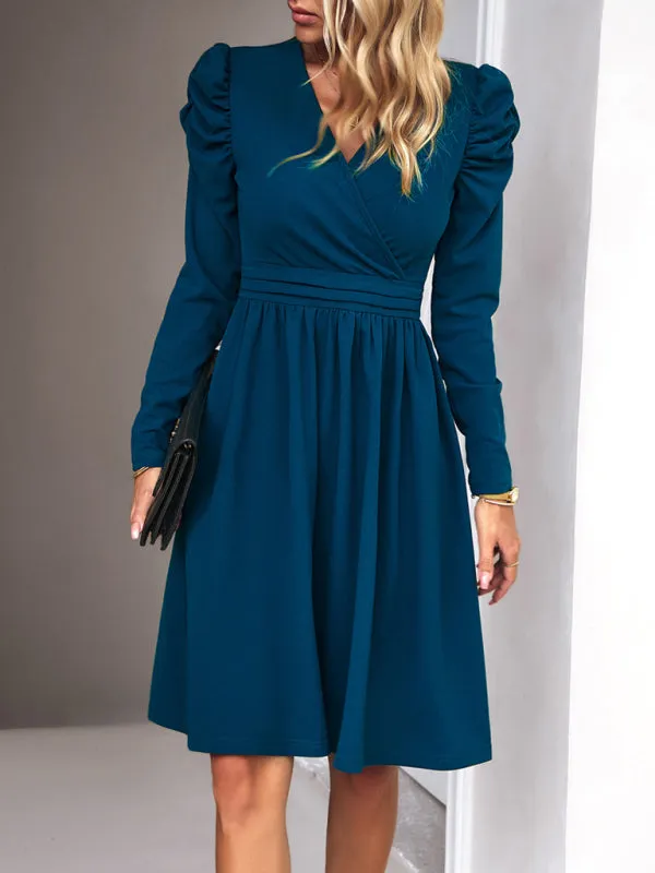 V-neck A-line Dress with Puff Sleeves and Wrap Bodice