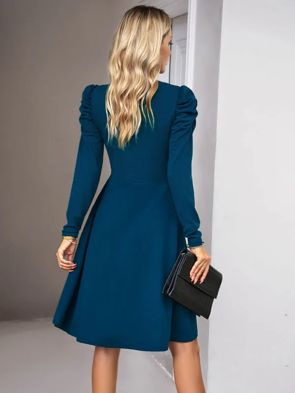 V-neck A-line Dress with Puff Sleeves and Wrap Bodice