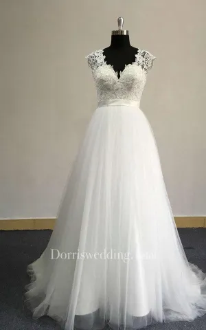 V-Neck Cap Sleeve A-Line Tulle Dress With Satin Sash and Lace Bodice-ET_711441
