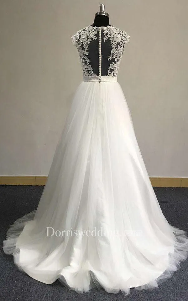 V-Neck Cap Sleeve A-Line Tulle Dress With Satin Sash and Lace Bodice-ET_711441