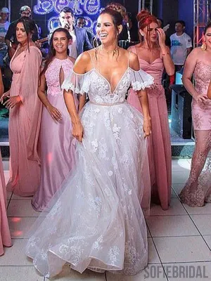 V-neck Long A-line Lon Train Lace Tulle Wedding Dresses, WD0284