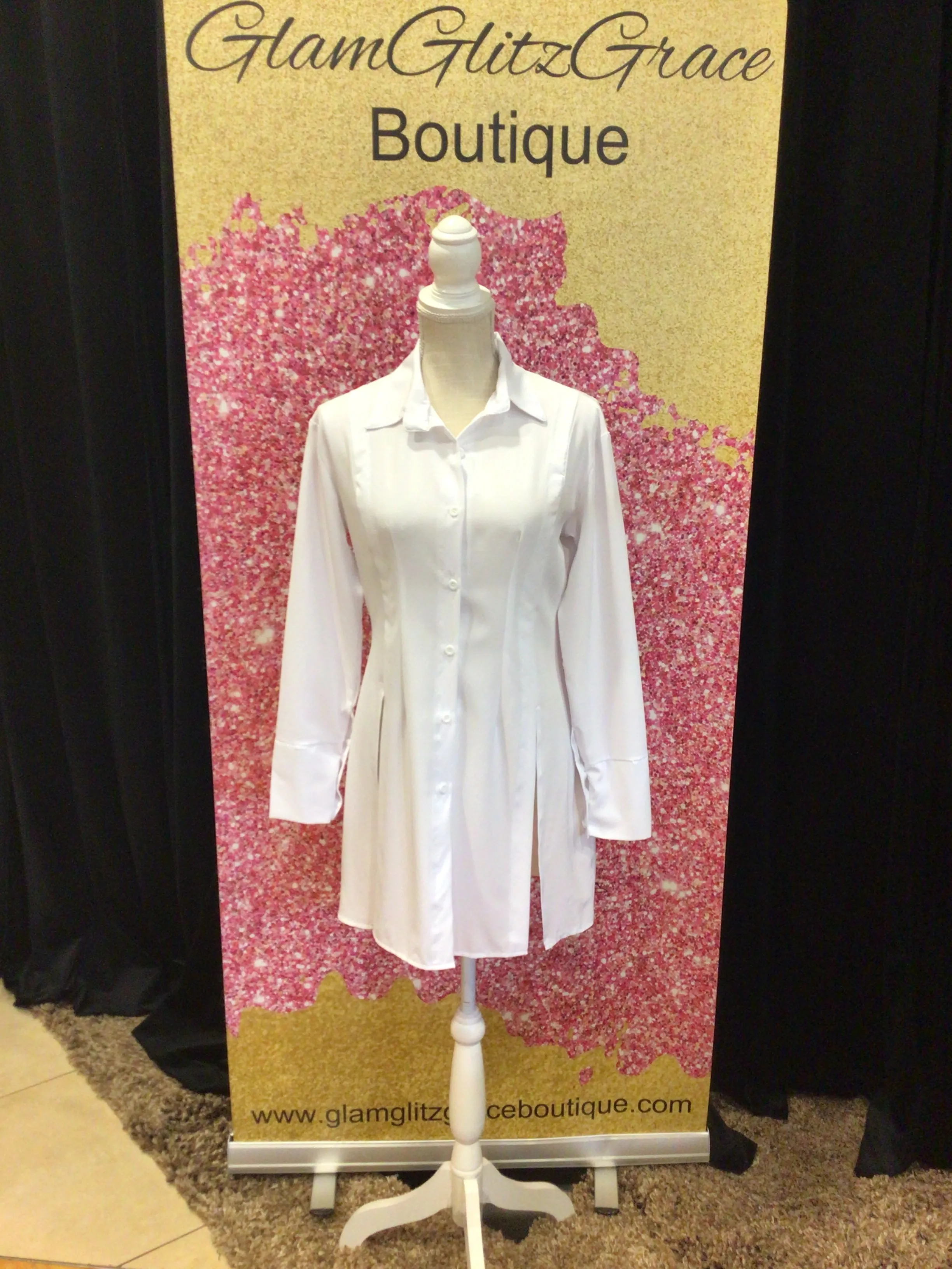 White Button Up Long Sleeves Fitted Body Con Dress With Slits at Bottom