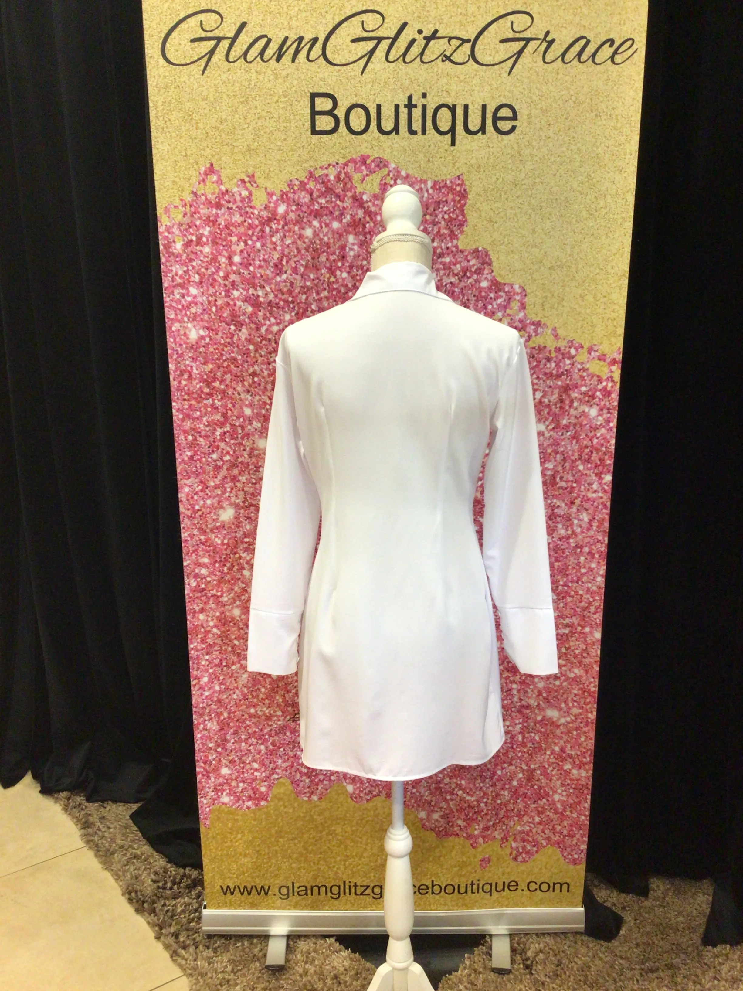 White Button Up Long Sleeves Fitted Body Con Dress With Slits at Bottom