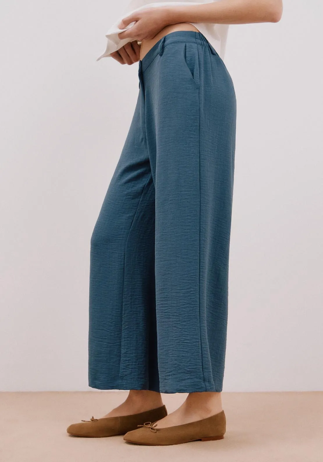 Wide Leg Ankle Length Trousers - Dark Blue