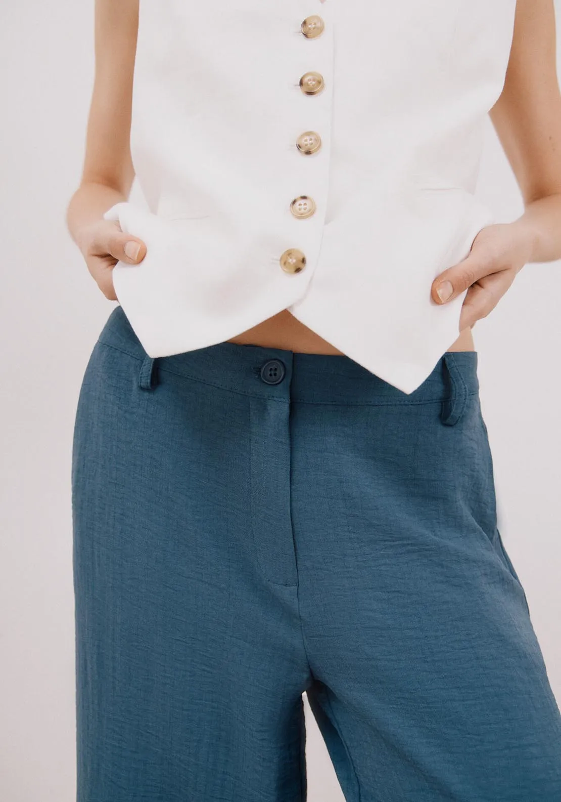 Wide Leg Ankle Length Trousers - Dark Blue