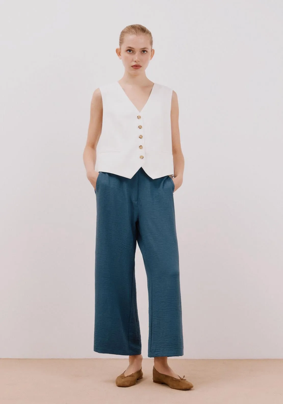 Wide Leg Ankle Length Trousers - Dark Blue