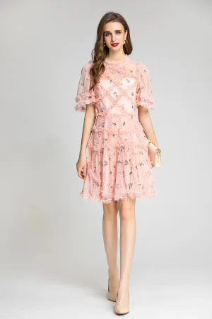 Women's Runway Dress O Neck Short Sleeves Ruffles Sexy Tulle Laid Over Fashion Designer Homecoming dress