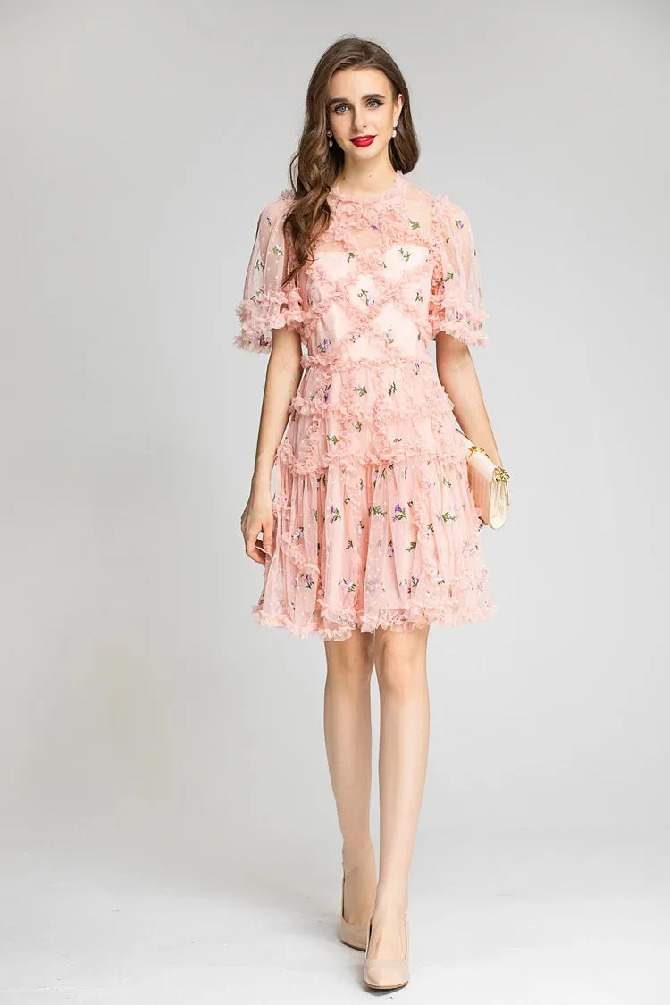 Women's Runway Dress O Neck Short Sleeves Ruffles Sexy Tulle Laid Over Fashion Designer Homecoming dress