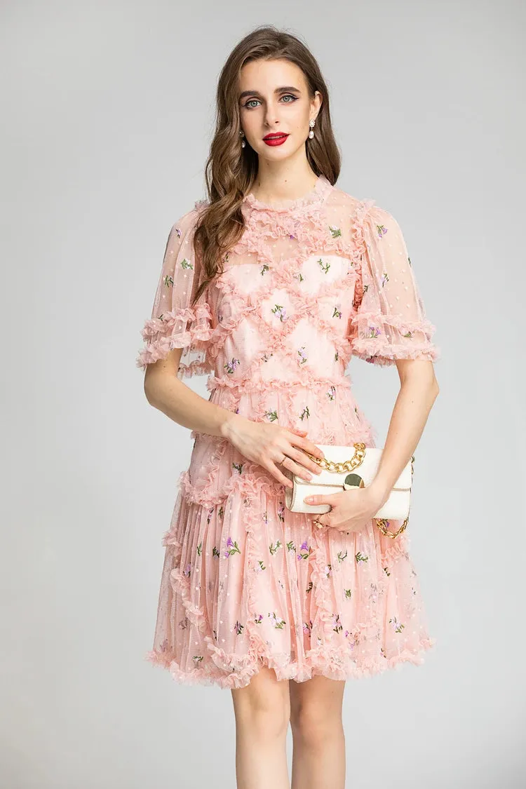 Women's Runway Dress O Neck Short Sleeves Ruffles Sexy Tulle Laid Over Fashion Designer Homecoming dress