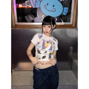 Y2K Inspired Cropped Jacket with Vibrant Orange Cat Graphic