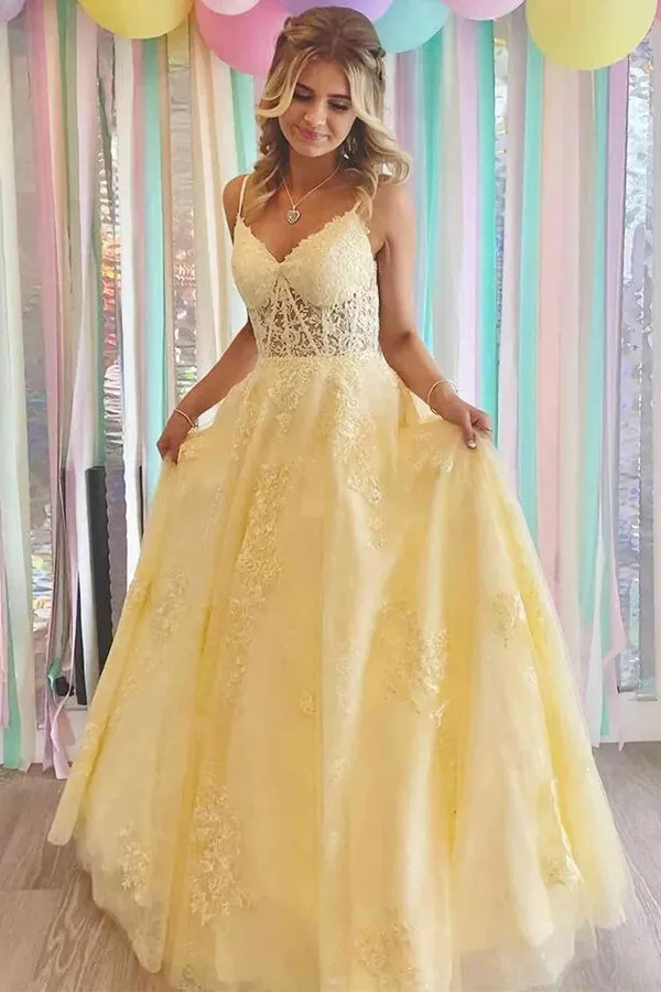 Yellow A-line Lace Appliques Spaghetti Straps Prom Dresses, Evening Gown, SP831